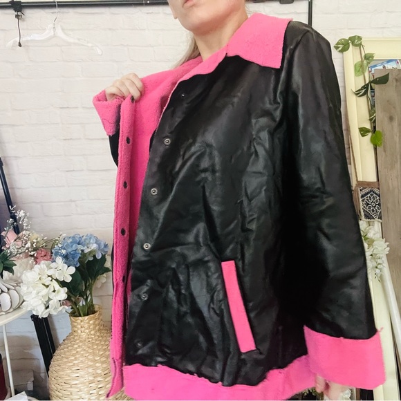 Black Leather Pink Sherpa Coat - Picture 10 of 13